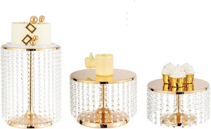 Set of 3 Gold Metal Mirror Cake Pedestal Stands with Acrylic Crystal Pendants Beads Round Dessert Display Holders for Wedding Birthday Party Cupcake Candy Serving Set of 3 Gold Metal Mirror Cake Pedestal Stands with Acrylic Crystal Pendants Beads Round Dessert Display Holders for Wedding Birthday Party Cupcake Candy Serving
