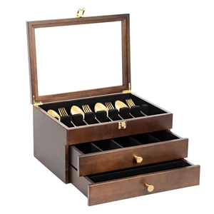 Silverware Box, 3-Layer Wooden Silverware Storage Box with Glass Lid, 14.5×10.6 Inches Luxury Style Decor Flatware Storage Case for Fine Flatware & Utensils, Gift Idea (Walnut) Silverware Box, 3-Layer Wooden Silverware Storage Box with Glass Lid, 14.5×10.6 Inches Luxury Style Decor Flatware Storage Case for Fine Flatware & Utensils, Gift Idea (Walnut)