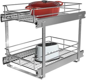 2-Tier Cabinet Pull Out Shelves, 11" W x 22" D, Chrome | Heavy-Gauge Wire Kitchen Cabinet Organizer, 100 lbs Capacity, Ball-Bearing Glides, Min 12" Opening, For Pantry Storage 2-Tier Cabinet Pull Out Shelves, 11" W x 22" D, Chrome | Heavy-Gauge Wire Kitchen Cabinet Organizer, 100 lbs Capacity, Ball-Bearing Glides, Min 12" Opening, For Pantry Storage