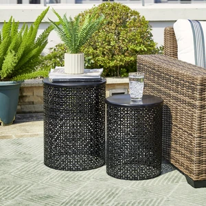 Outdoor Side Table Set of 2, Decorative Garden Stool for Patio Heavy Duty Metal Frame Accent Table Modern End Table, Glossy Black Outdoor Side Table Set of 2, Decorative Garden Stool for Patio Heavy Duty Metal Frame Accent Table Modern End Table, Glossy Black