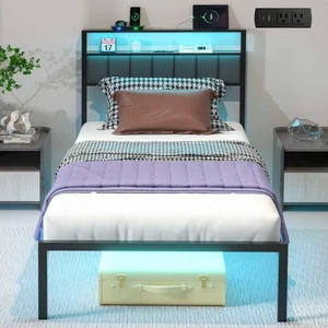 Twin Bed Frames with Charging Station and LED Lights, Twin Size Platform Bed with Metal Slats, Upholstered Headboard with 2-Tier Storage Shelves, No Box Spring Needed, Easy Assembly, Black Twin Bed Frames with Charging Station and LED Lights, Twin Size Platform Bed with Metal Slats, Upholstered Headboard with 2-Tier Storage Shelves, No Box Spring Needed, Easy Assembly, Black