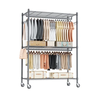 Heavy Duty Rolling Clothing Rack, Adjustable Garment Rack with 3 Tier Storage Shelves, Freestanding Closet Wardrobe for Hanging Clothes with Side Hooks, Gray Heavy Duty Rolling Clothing Rack, Adjustable Garment Rack with 3 Tier Storage Shelves, Freestanding Closet Wardrobe for Hanging Clothes with Side Hooks, Gray