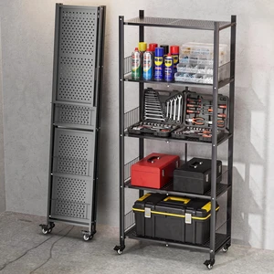 Heavy Duty Folding Shelves No Assembly, 5 Tier Metal Foldable Storage Shelves with Wheels, 220LBS Per Shelf Collapsible Rack for Garage Storage, Black Heavy Duty Folding Shelves No Assembly, 5 Tier Metal Foldable Storage Shelves with Wheels, 220LBS Per Shelf Collapsible Rack for Garage Storage, Black