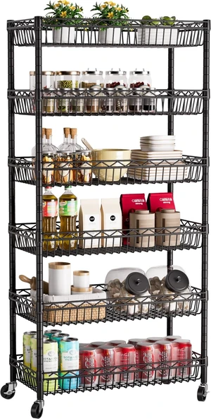 Basket Shelves Closet Rack with Wheels Metal Pantry Wire Shelf Unit | 6 tier Storage Rolling Shelving Bathroom Organizers Kitchen Garage Laundry Room Organization Home 30"Dx13.6"Wx65"H Black Basket Shelves Closet Rack with Wheels Metal Pantry Wire Shelf Unit | 6 tier Storage Rolling Shelving Bathroom Organizers Kitchen Garage Laundry Room Organization Home 30"Dx13.6"Wx65"H Black