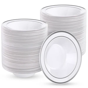 300 Pack Plastic Bowls with Silver Rim | 12oz Disposable Soup Bowls, Heavy Duty Dessert Bowls for Weddings, Parties, Dinners, Catering, and Everyday Use 300 Pack Plastic Bowls with Silver Rim | 12oz Disposable Soup Bowls, Heavy Duty Dessert Bowls for Weddings, Parties, Dinners, Catering, and Everyday Use