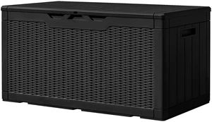 100 Gallon Resin Deck Box Large Outdoor Storage, Imitation Rattan Weave Texture for Patio Furniture, Garden Tools, Pool Supplies, Weatherproof and UV Resistant, Lockable, Dark Black 100 Gallon Resin Deck Box Large Outdoor Storage, Imitation Rattan Weave Texture for Patio Furniture, Garden Tools, Pool Supplies, Weatherproof and UV Resistant, Lockable, Dark Black