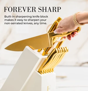 Gold Knife Set with Block and Sharpener, 14-Piece | Full Tang Titanium-Coated Stainless Steel Gold Knives and White Knife Block with Built-In Sharpener, Gold Kitchen Accessories Gold Knife Set with Block and Sharpener, 14-Piece | Full Tang Titanium-Coated Stainless Steel Gold Knives and White Knife Block with Built-In Sharpener, Gold Kitchen Accessories