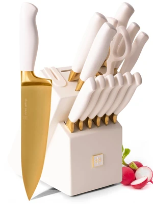 White and Gold Knife Set with Block and Sharpener 14-Piece | High Carbon Stainless Steel Titanium Coated Gold Kitchen Knives with Block and Sharpener Built-In, Gold Kitchen Accessories White and Gold Knife Set with Block and Sharpener 14-Piece | High Carbon Stainless Steel Titanium Coated Gold Kitchen Knives with Block and Sharpener Built-In, Gold Kitchen Accessories