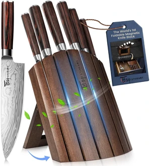 2026 Upgrade Kitchen Knife Set, Foldable Magnetic Acacia Wood Block | Japanese Style 7-Piece High Carbon Stainless Steel Chef Knife Set, Full Tang Wood Handle, Damascus Pattern, Ideal for Gift 2026 Upgrade Kitchen Knife Set, Foldable Magnetic Acacia Wood Block | Japanese Style 7-Piece High Carbon Stainless Steel Chef Knife Set, Full Tang Wood Handle, Damascus Pattern, Ideal for Gift