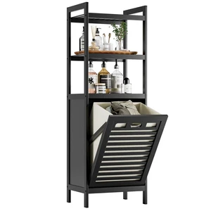 Tilt Out Laundry Hamper, Bamboo Bathroom Cabinet with Pull Out Removable Bag and 3 Tier Storage Shelves, 10 Gal Clothes Basket with Metal Handle, Black Tilt Out Laundry Hamper, Bamboo Bathroom Cabinet with Pull Out Removable Bag and 3 Tier Storage Shelves, 10 Gal Clothes Basket with Metal Handle, Black