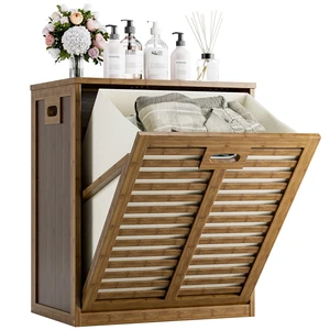 Bamboo Tilt Out Laundry Hamper, Bathroom Storage Cabinet with Hidden Removable Basket and 3 Sides Cutout Handles, Freestanding Hamper Organizer for Dirty Clothes, Walnut Bamboo Tilt Out Laundry Hamper, Bathroom Storage Cabinet with Hidden Removable Basket and 3 Sides Cutout Handles, Freestanding Hamper Organizer for Dirty Clothes, Walnut