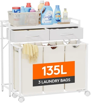 Laundry Hamper 3 Section, Large Rolling Laundry Sorter with Shelf & 2 Drawers, Pull-Out Laundry Basket Organizer with Wheels and Removable Bag for Laundry Room Bathroom, White and Beige Laundry Hamper 3 Section, Large Rolling Laundry Sorter with Shelf & 2 Drawers, Pull-Out Laundry Basket Organizer with Wheels and Removable Bag for Laundry Room Bathroom, White and Beige