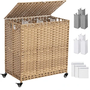 Laundry Hamper with Wheels&Lid, 50.2 Gallons(190L) Rolling Laundry Basket with Wheels, 3-Section Laundry Hamper, Handwoven Rattan Clothes Hamper with 6 Removable Liner& 3 Mesh Laundry Bags, Natural Laundry Hamper with Wheels&Lid, 50.2 Gallons(190L) Rolling Laundry Basket with Wheels, 3-Section Laundry Hamper, Handwoven Rattan Clothes Hamper with 6 Removable Liner& 3 Mesh Laundry Bags, Natural