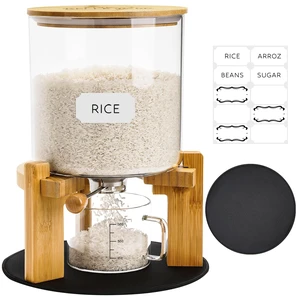 Glass Rice Dispenser 10 lbs, with Airtight Lid & Labels & Slider mat. Make your glass rice container Glass AND Bamboo rice container! Best 5L capacity grain dispenser and rice holder Glass Rice Dispenser 10 lbs, with Airtight Lid & Labels & Slider mat. Make your glass rice container Glass AND Bamboo rice container! Best 5L capacity grain dispenser and rice holder