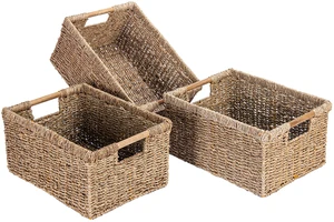 Large Wicker Basket Rectangular with Wooden Handles for Shelves, Seagrass Basket Storage, Natural Baskets for Organizing, Wicker Baskets for Storage - 3 Pack Large Large Wicker Basket Rectangular with Wooden Handles for Shelves, Seagrass Basket Storage, Natural Baskets for Organizing, Wicker Baskets for Storage - 3 Pack Large