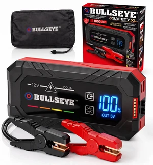 Bullseye SafetyXL 1000A Car Battery Jump Starter Portable, 12V | Spark + Reverse Polarity Protection, 1800 mAh, Rechargeable Power Bank, LED Flashlight - for 6.0L Gas / 3.0L Diesel Engines Bullseye SafetyXL 1000A Car Battery Jump Starter Portable, 12V | Spark + Reverse Polarity Protection, 1800 mAh, Rechargeable Power Bank, LED Flashlight - for 6.0L Gas / 3.0L Diesel Engines