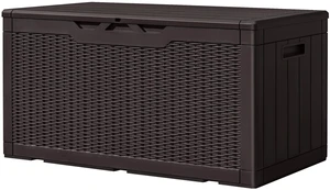 100 Gallon Resin Deck Box Large Outdoor Storage, Imitation Rattan Weave Texture for Patio Furniture, Garden Tools, Pool Supplies, Weatherproof and UV Resistant, Lockable, Dark Brown 100 Gallon Resin Deck Box Large Outdoor Storage, Imitation Rattan Weave Texture for Patio Furniture, Garden Tools, Pool Supplies, Weatherproof and UV Resistant, Lockable, Dark Brown