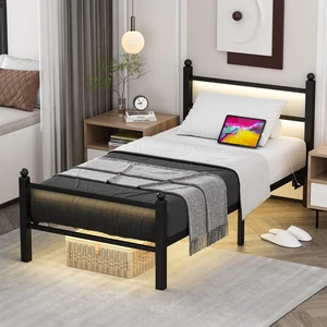 Twin Bed Frames with Charging Station & LED Lights, Metal bed frame twin size with Headboard and Footboard, Heavy Duty Slats Support Platform, No Box Spring Needed, Noise Free, Easy Assembly, Black Twin Bed Frames with Charging Station & LED Lights, Metal bed frame twin size with Headboard and Footboard, Heavy Duty Slats Support Platform, No Box Spring Needed, Noise Free, Easy Assembly, Black