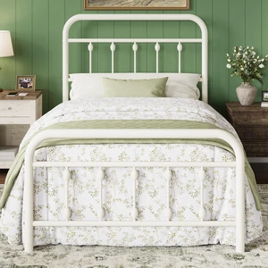 14 Inches Twin Size Metal Platform Bed Frame, Off White | Iron-Art Headboard and Footboard, Easy Assembly, Under Bed Storage, No Box Spring Required 14 Inches Twin Size Metal Platform Bed Frame, Off White | Iron-Art Headboard and Footboard, Easy Assembly, Under Bed Storage, No Box Spring Required