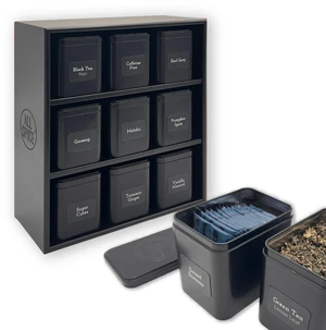 Tea Organizer Rack with 9 Tins & 160 Magnetic Labels Perfect for Bagged & Loose Leaf Tea Organization - Black Tea Organizer Rack with 9 Tins & 160 Magnetic Labels Perfect for Bagged & Loose Leaf Tea Organization - Black