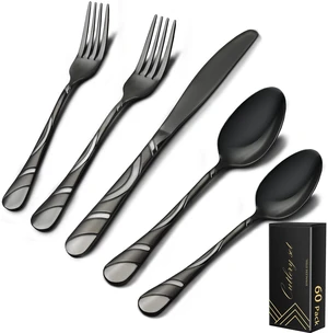 Black Silverware Set for 12, 60-Piece 18/0 Stainless Steel Utensils | Frosted & Mirror Finish Flatware Set, Unique Design Modern Cutlery for Wedding Restaurant Party Event Serving For 12 Black Silverware Set for 12, 60-Piece 18/0 Stainless Steel Utensils | Frosted & Mirror Finish Flatware Set, Unique Design Modern Cutlery for Wedding Restaurant Party Event Serving For 12