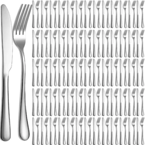 100 Pieces Stainless Steel forks and knives Dinner Flatware Set Tableware Cutlery for Butter Kitchen Restaurant, Dishwasher Safe(Silver,9.06 Inches, 8.07 Inches) 100 Pieces Stainless Steel forks and knives Dinner Flatware Set Tableware Cutlery for Butter Kitchen Restaurant, Dishwasher Safe(Silver,9.06 Inches, 8.07 Inches)
