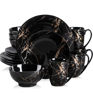 Black Plates and Bowls Sets for 4, Porcelain Dinnerware Sets 16 Piece Gold Splash Glaze Ceramic Dish Set, Round Dinner Set with Mugs, Dishwasher Microwave Safe Black Plates and Bowls Sets for 4, Porcelain Dinnerware Sets 16 Piece Gold Splash Glaze Ceramic Dish Set, Round Dinner Set with Mugs, Dishwasher Microwave Safe