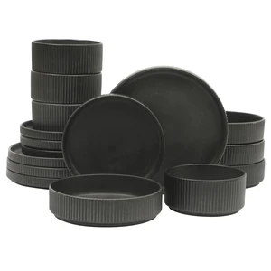 Deerfield 16-Piece Stoneware Dinnerware Set Matte Black Reactive Glaze Plates and Bowls, Stackable, Modern Design, Service for 4 Microwave & Dishwasher Safe Deerfield 16-Piece Stoneware Dinnerware Set Matte Black Reactive Glaze Plates and Bowls, Stackable, Modern Design, Service for 4 Microwave & Dishwasher Safe