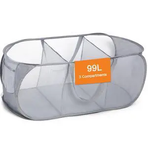 Durable Collapsible Foldable Pop Up Laundry Hamper, Sturdy 3 Compartments, Handy Pocket & Easy to Sort Clothes Hampers for Dorm, Kids Room, Travel - Grey Durable Collapsible Foldable Pop Up Laundry Hamper, Sturdy 3 Compartments, Handy Pocket & Easy to Sort Clothes Hampers for Dorm, Kids Room, Travel - Grey