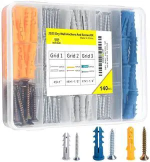 140PCS Drywall Anchors and Screws Kit, 3 Sizes Plastic Wall Anchors | Drywall anchors and screws kit for sheetrock, shelves and wall decor; screw anchors and wall anchors for drywall projects. 140PCS Drywall Anchors and Screws Kit, 3 Sizes Plastic Wall Anchors | Drywall anchors and screws kit for sheetrock, shelves and wall decor; screw anchors and wall anchors for drywall projects.