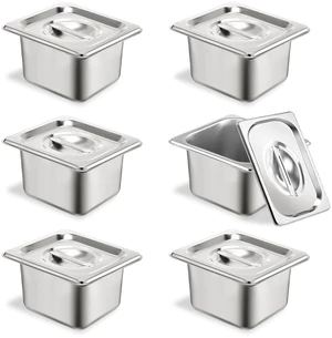 6 Set Stainless Steel Hotel Pans 1/6 Size 4 Inch Deep With Lids, Anti-Jam Chafing Steam Table Pans, Catering Food Storage Metal Pan 6 Set Stainless Steel Hotel Pans 1/6 Size 4 Inch Deep With Lids, Anti-Jam Chafing Steam Table Pans, Catering Food Storage Metal Pan