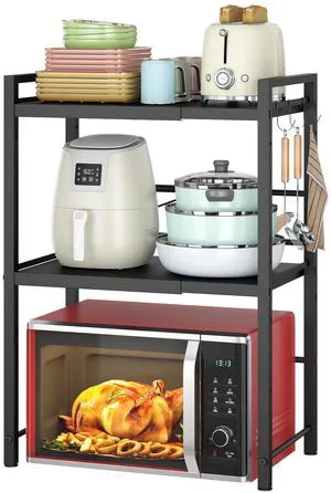 Microwave Oven Rack, Expandable Microwave Stand Countertop Kitchen Utensils Tableware Storage, Carbon Steel Over Microwave Shelf Countertop with 3 Hooks Microwave Oven Rack, Expandable Microwave Stand Countertop Kitchen Utensils Tableware Storage, Carbon Steel Over Microwave Shelf Countertop with 3 Hooks