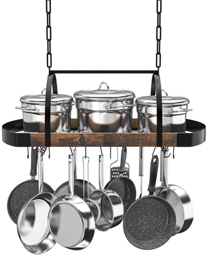 Hanging Pot Rack, 32-Inch Ceiling Pot Rack, 16 S Hooks, 100 lb Capacity | Space-saving pot hanger with sturdy metal frame and rustic wood shelf for organized kitchen storage. Hanging Pot Rack, 32-Inch Ceiling Pot Rack, 16 S Hooks, 100 lb Capacity | Space-saving pot hanger with sturdy metal frame and rustic wood shelf for organized kitchen storage.