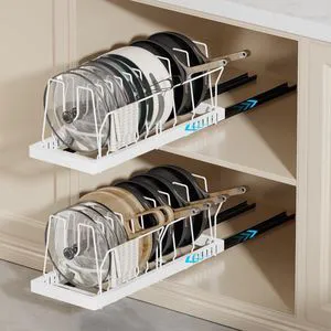 2 Pack Pots and Pans Organizer Under Cabinet, 22" Deep Expandable Pull Out Pot Lid Organizer and Storage with 10 Adjustable Dividers No Drill Pot and Pan Holder Rack with Handle Bracket(White) 2 Pack Pots and Pans Organizer Under Cabinet, 22" Deep Expandable Pull Out Pot Lid Organizer and Storage with 10 Adjustable Dividers No Drill Pot and Pan Holder Rack with Handle Bracket(White)