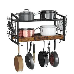 Hanging Pot Rack, Pot Rack Wall Mounted, 2-Tier Kitchen Pot and Lid Organizer, Wall-Mounted Pot Rack with 12 Hooks, for Kitchen Storage of Pots, Pans, Utensils, Rustic Brown TPR02BF Hanging Pot Rack, Pot Rack Wall Mounted, 2-Tier Kitchen Pot and Lid Organizer, Wall-Mounted Pot Rack with 12 Hooks, for Kitchen Storage of Pots, Pans, Utensils, Rustic Brown TPR02BF