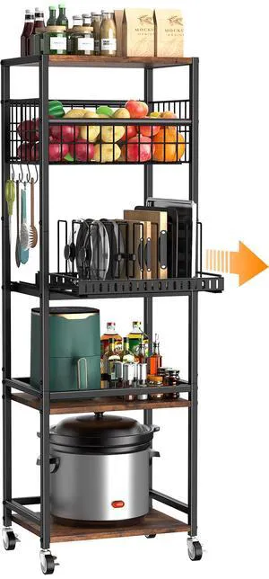 5 Tier Kitchen Storage Cart with Fruit Basket Pot Lid Organizer | Versatile Storage, Pull-Out Cutting Board Rack, 4 Lockable Swivel Wheels, Wooden Top, for Kitchen, Pantry, Bathroom, Brown 5 Tier Kitchen Storage Cart with Fruit Basket Pot Lid Organizer | Versatile Storage, Pull-Out Cutting Board Rack, 4 Lockable Swivel Wheels, Wooden Top, for Kitchen, Pantry, Bathroom, Brown