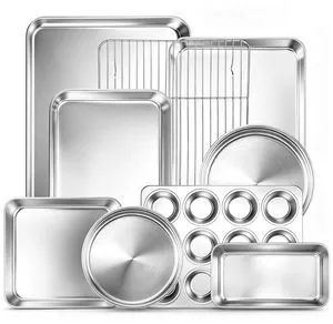 9 Piece Bakeware Sets, Stainless Steel Baking Pans Set for Cooking | Baking Sheet with Cooling Rack, Round/Square Cake Pans, Bread Loaf Pan, Muffin Pan, Roasting Pan, Oven & Dishwasher Safe 9 Piece Bakeware Sets, Stainless Steel Baking Pans Set for Cooking | Baking Sheet with Cooling Rack, Round/Square Cake Pans, Bread Loaf Pan, Muffin Pan, Roasting Pan, Oven & Dishwasher Safe