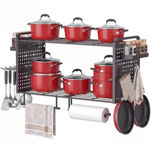 Wall Mounted Pot Rack, 2-Tier Kitchen Organizer, 14 Hooks, Black | Rust and Scratch Resistant Thickened Frame Supporting Heavy Cast Iron Skillets with Complete Hardware Wall Mounted Pot Rack, 2-Tier Kitchen Organizer, 14 Hooks, Black | Rust and Scratch Resistant Thickened Frame Supporting Heavy Cast Iron Skillets with Complete Hardware