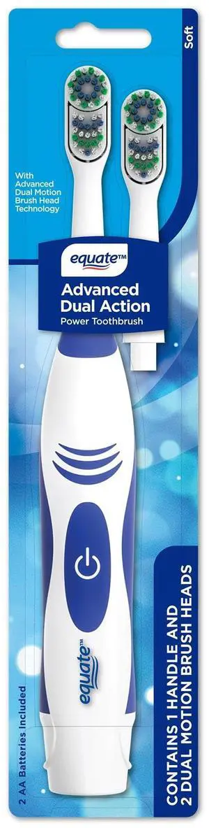 Equate Advanced Dual Action Battery-Powered Electric Toothbrush with 2 Replacement Heads, White Equate Advanced Dual Action Battery-Powered Electric Toothbrush with 2 Replacement Heads, White
