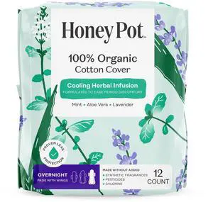 Honey Pot 100% Organic Cotton Cover Cooling Herbal Infusion Overnight Pads, 12 Count Honey Pot 100% Organic Cotton Cover Cooling Herbal Infusion Overnight Pads, 12 Count