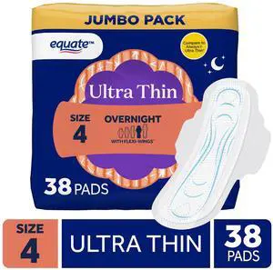Equate Ultra Thin Pads with Flexi-Wings, Overnight Absorbency, Size 4, 38 Count Equate Ultra Thin Pads with Flexi-Wings, Overnight Absorbency, Size 4, 38 Count