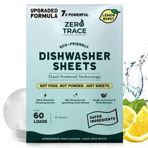 Zero Trace Dishwasher Detergent Sheets, Eco-Friendly, Plant Powered, Lemon Scent, 60 Loads Zero Trace Dishwasher Detergent Sheets, Eco-Friendly, Plant Powered, Lemon Scent, 60 Loads