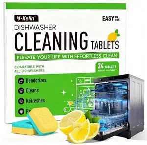Dishwasher Cleaner and Deodorizer Tablets, 24 Pack, Lemon Scent - Removes Limescale & Odor, Prevents Buildup, Safe for All Dishwashers, 12 Month Supply Dishwasher Cleaner and Deodorizer Tablets, 24 Pack, Lemon Scent - Removes Limescale & Odor, Prevents Buildup, Safe for All Dishwashers, 12 Month Supply