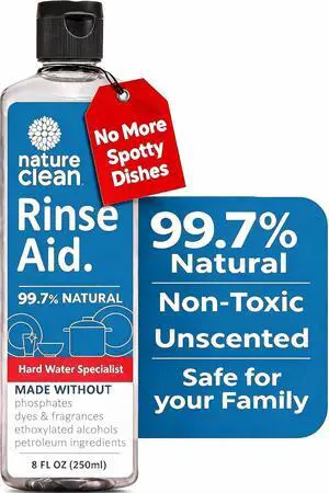 Nature Clean All Natural Dishwasher Rinse Aid, 8 oz (250ml), Pack of 1, for Spot-Free Glass & Cutlery in Hard Water, Non Toxic Stain Remover Nature Clean All Natural Dishwasher Rinse Aid, 8 oz (250ml), Pack of 1, for Spot-Free Glass & Cutlery in Hard Water, Non Toxic Stain Remover