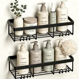 Moforoco Shower Caddy, Self-Adhesive Black Bathroom Shelf Basket, Farmhouse Wall Storage Rack, RV Accessories, First Camper Apartment Essentials Moforoco Shower Caddy, Self-Adhesive Black Bathroom Shelf Basket, Farmhouse Wall Storage Rack, RV Accessories, First Camper Apartment Essentials