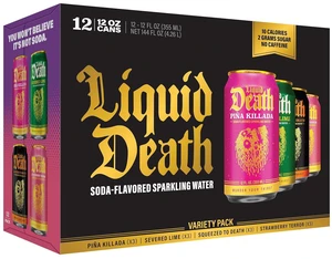 Liquid Death Soda-Flavored Sparkling Water, 4 Flavors (Lime, Orange, Strawberry, Pia Killada), 12 Fl Oz, Pack of 12 Liquid Death Soda-Flavored Sparkling Water, 4 Flavors (Lime, Orange, Strawberry, Pia Killada), 12 Fl Oz, Pack of 12