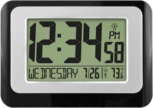 MainStays W88631 Atomic Digital Calendar Desk Alarm Clock with Temperature, Black MainStays W88631 Atomic Digital Calendar Desk Alarm Clock with Temperature, Black