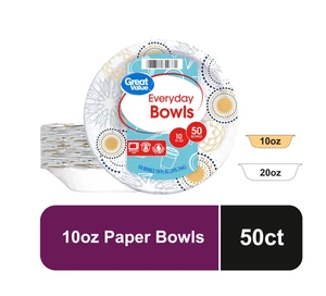 Great Value Everyday Disposable Paper Bowls, 10 oz, 50 Count Great Value Everyday Disposable Paper Bowls, 10 oz, 50 Count