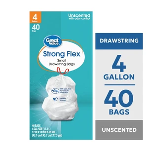 Great Value 4 Gallon Strong Flex Small Drawstring Garbage Bags, 40 Bags Great Value 4 Gallon Strong Flex Small Drawstring Garbage Bags, 40 Bags