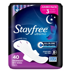 Stayfree Ultra Thin Overnight Pads with Wings, 40 Ct, Multi-Fluid Absorption, Protection for up to 10 Hours Stayfree Ultra Thin Overnight Pads with Wings, 40 Ct, Multi-Fluid Absorption, Protection for up to 10 Hours